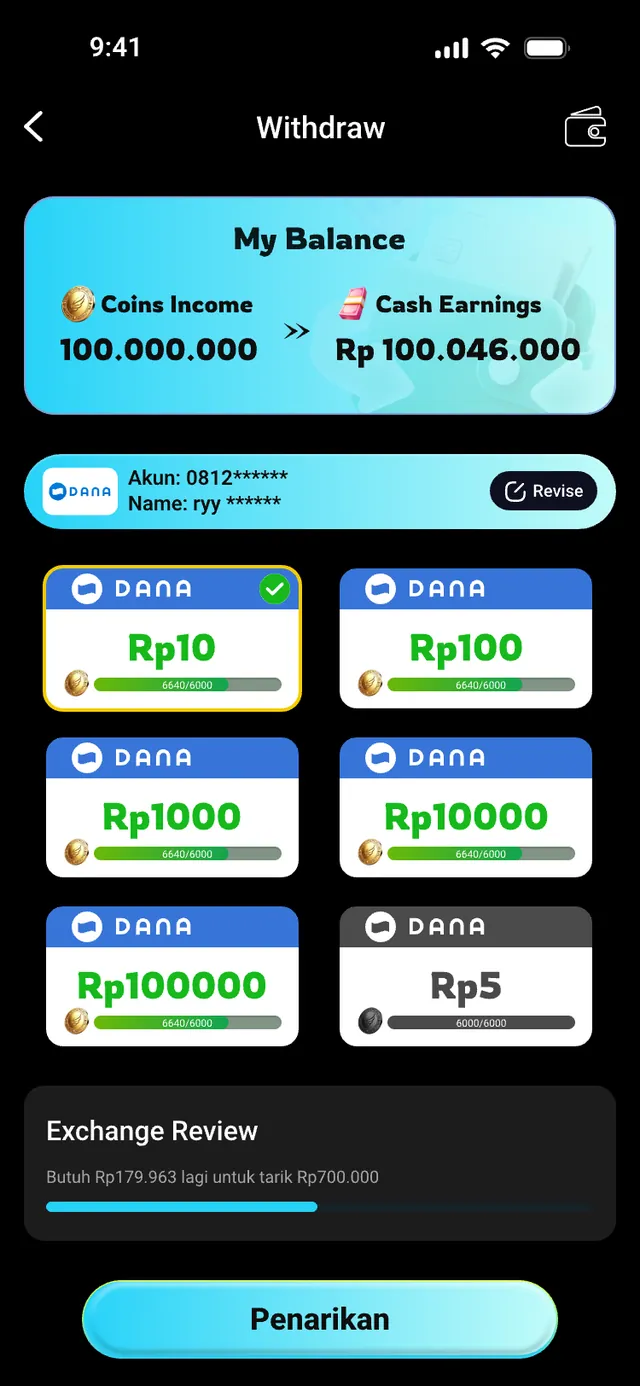 ReelEarn coin redemption page listing redemption tiers and progress